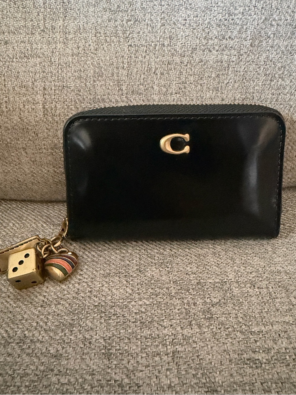 Coach Black Leather Zip Wallet with Gold 'C' Logo & Charms